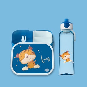 Brotdose Campus Bento Box und Trinkflasche in blau mit Name und Motiv Tiger mit Punkten image 4