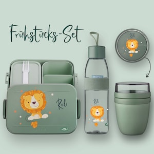 Bento lunch box Take A Break + Ellipse drinking bottle (for carbonated drinks) + cereal cup in Nordic Sage with lion with dots