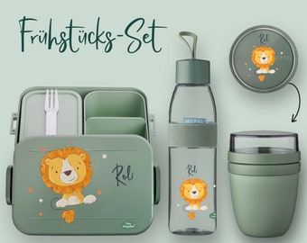 Bento lunch box Take A Break + Ellipse drinking bottle (for carbonated drinks) + cereal cup in Nordic Sage with lion with dots