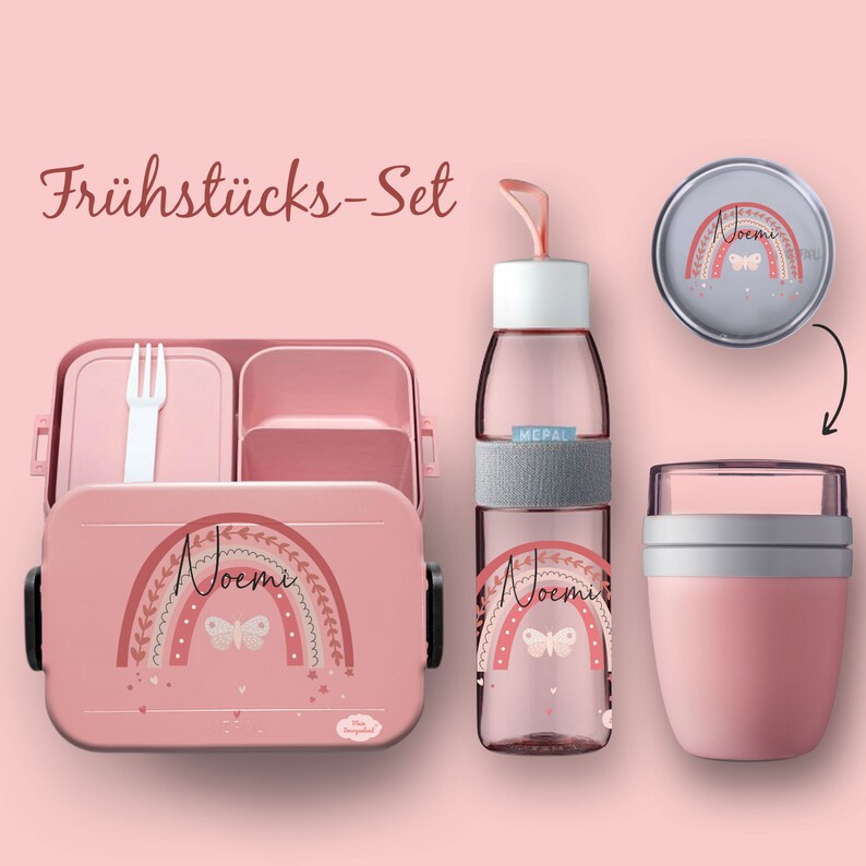 BENTO BOX Take A Break lunch box Ellipse drinking bottle for carbonated drinks Nordic pink rainbow butterfly cereal cup image 1