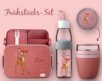 BENTO BOX lunch box Take A Break - drinking bottle Ellipse (for carbonated drinks) - cereal cup Vivid Mauve deer with butterflies