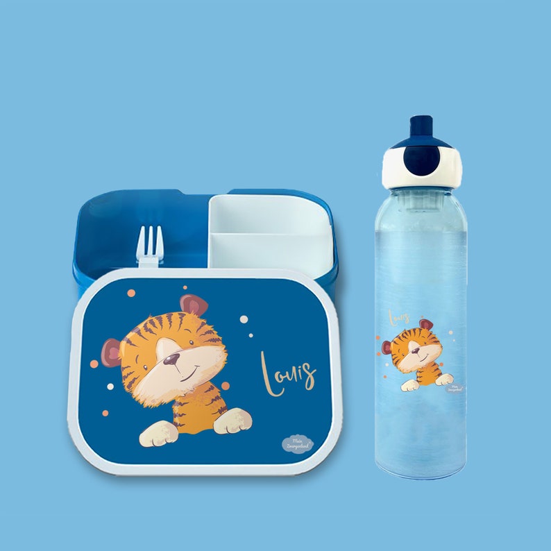 Brotdose Campus Bento Box und Trinkflasche in blau mit Name und Motiv Tiger mit Punkten image 5