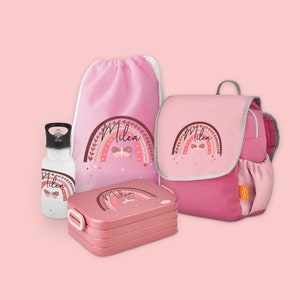 Set 5 backpack Happy Knirps NEXT with lunch box, jute bag & stainless steel drinking bottle in pink with name and rainbow butterfly motif