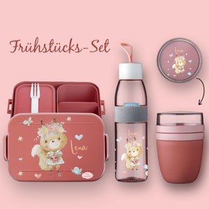 BENTO BOX Take A Break lunch box - Ellipse drinking bottle (for carbonated drinks) - Cereal cup Vivid Mauve Squirrel Flower Wreath