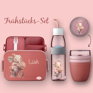 BENTO BOX Lunch box Take A Break - Ellipse drinking bottle (for carbonated drinks) - Cereal cup Vivid Mauve Elephant with bicycle