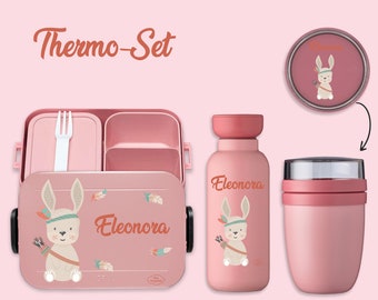 BENTO BOX Brotdose Take A Break + Thermoflasche Ellipse + Thermo-Lunchpot in Nordic Pink mit Name und Boho Häschen