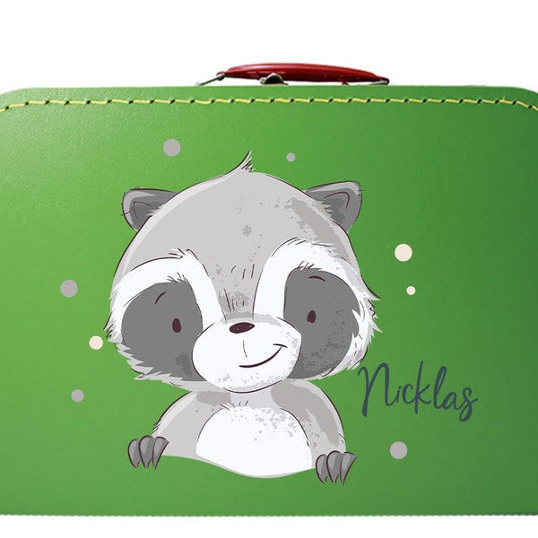 Aufbewahrung Koffer für Kinder in Grün mit Name und Motiv Waschbär
