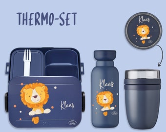 BENTO BOX Brotdose Take A Break + Thermoflasche Ellipse + Thermo-Lunchpot in Nordic Denim Name Löwe mit Punkten