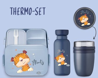 BENTO BOX Brotdose Take A Break + Thermoflasche Ellipse + Thermo-Lunchpot in Nordic Denim mit Name Tiger mit Punkten