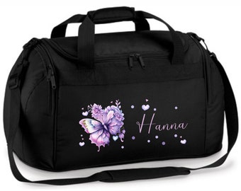 Sports bag 26 liters with name and motif butterfly flower purple