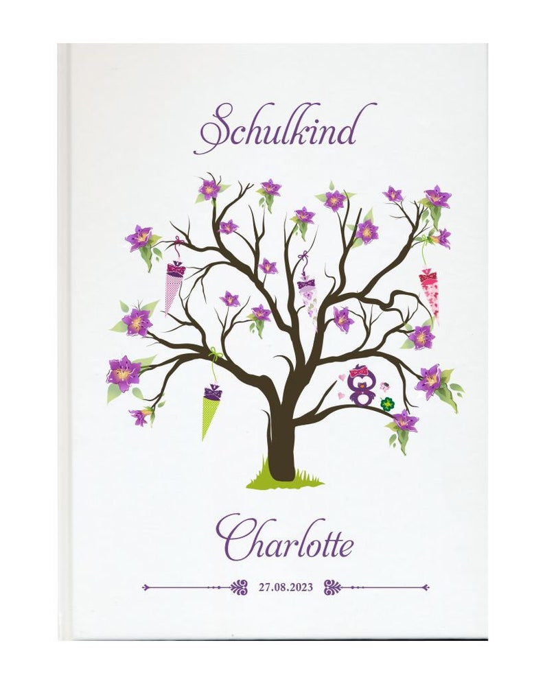 Personalisiertes Gästebuch zum Schulanfang mit Name und Motiv Eule lila Bild 2