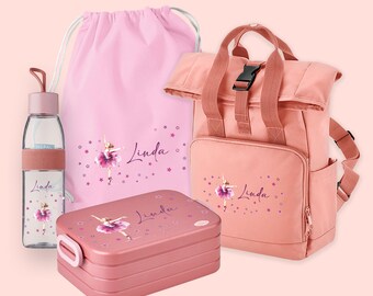 Set Rucksack Roll-Top mit Bento Brotdose, Jutebeutel & Trinkflasche Ellipse in Blush Pink mit Name und Motiv Ballerina Sterne