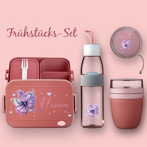 BENTO BOX lunch box Take A Break - drinking bottle Ellipse (for carbonated drinks) - cereal cup Vivid Mauve butterfly with hearts