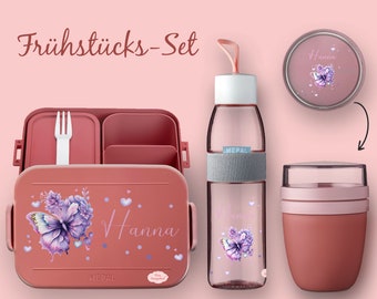 BENTO BOX lunch box Take A Break - drinking bottle Ellipse (for carbonated drinks) - cereal cup Vivid Mauve butterfly with hearts