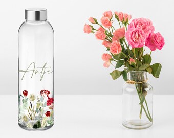 Glasflasche Luna 500ml Trinkflasche mit Name und Blumen