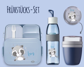 BENTO lunchbox Take A Break - drinkfles Ellipse (voor koolzuurhoudende dranken) - mueslibeker in Scandinavisch denim wasbeermotief