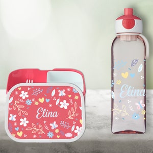 Lunch box Campus Bento Box Drinking bottle Water bottle in rose with name and flower motif