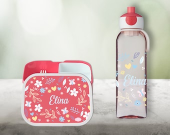 Lunch box Campus Bento Box drinking bottle water bottle in rose with name and motif flowers