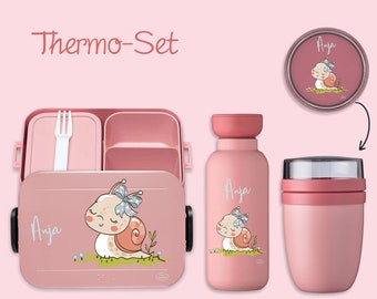 BENTO BOX Brotdose Take A Break + Thermoflasche Ellipse + Thermo-Lunchpot in Nordic Pink mit Name und Schnecke Mädchen