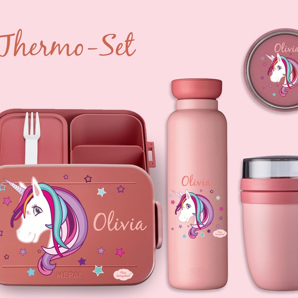 BENTO BOX Brotdose Take A Break + Thermoflasche Ellipse + Thermo-Lunchpot in Mauve Pink mit Name und Einhorn Beauty