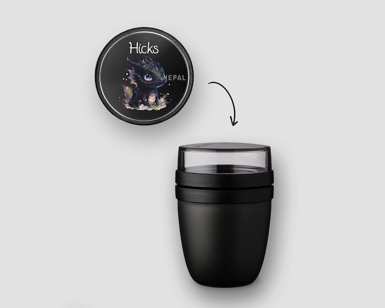 BENTO BOX Take A Break lunch box Ellipse drinking bottle cereal cup in Nordic black with name and baby dragon motif image 8