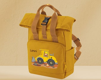 Children's backpack roll-top recycled mustard with name and motif excavator construction site