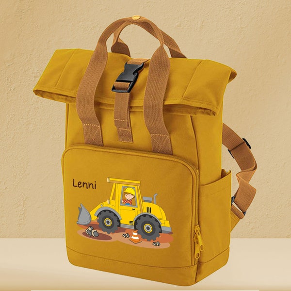 Kinderrucksack Roll-Top Recycled Mustard mit Name und Motiv Bagger Baustelle