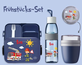BENTO BOX Take A Break lunch box + Ellipse drinking bottle (for carbonated drinks) + muesli mug in Nordic denim with fire engine