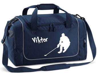 Borsa sportiva da 38 litri in blu navy con nome e motivo di hockey su ghiaccio