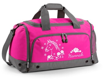 Multi-Sporttasche 41 Liter in Fuchsia mit Namen und Motiv Pferdekopf