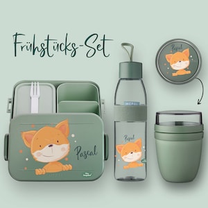Bento lunch box Take A Break + Ellipse drinking bottle (for carbonated drinks) + cereal cup in Nordic Sage with fox with dots