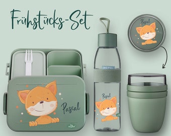 Bento Brotdose Take A Break + Trinkflasche Ellipse (für kohlensäurehaltige Getränke) + Müslibecher in Nordic Sage mit Fuchs mit Punkte