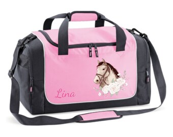 Sac de sport 38 litres en rose avec nom et motif tête de cheval avec roses