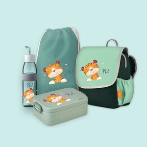 Set backpack Happy Knirps with bento lunch box, jute bag & drinking bottle Ellipse in Sage Green with name and tiger motif with dots