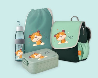 Set backpack Happy Knirps with bento lunch box, jute bag & drinking bottle Ellipse in Sage Green with name and tiger motif with dots