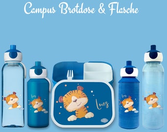 Brotdose Campus Bento Box und Trinkflasche in blau mit Name und Motiv Tiger mit Punkten