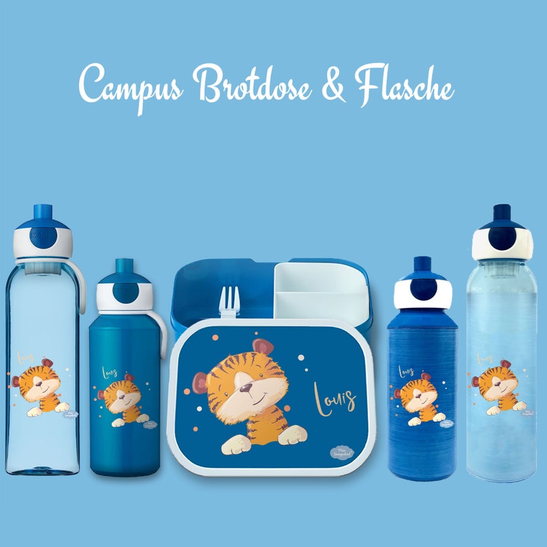 Brotdose Campus Bento Box und Trinkflasche in blau mit Name und Motiv Tiger mit Punkten image 1