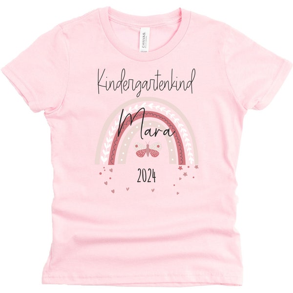 T-Shirt Kindergartenkind in rosa mit Name und Motiv Regenbogen