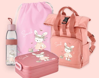 Set backpack roll-top with bento lunch box, jute bag & drinking bottle Ellipse in blush pink with name and motif bunny with snail