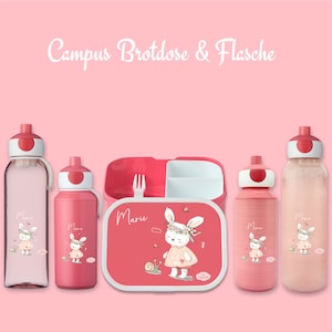 Lunch box Campus Bento Box and drinking bottle in rose with name and motif bunny with snail
