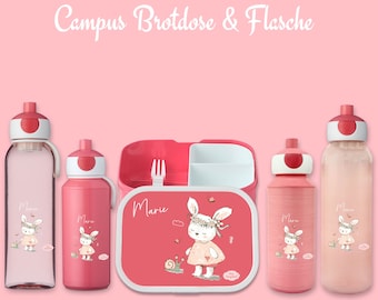 Brotdose Campus Bento Box und Trinkflasche in rose mit Name und Motiv Hase mit Schnecke