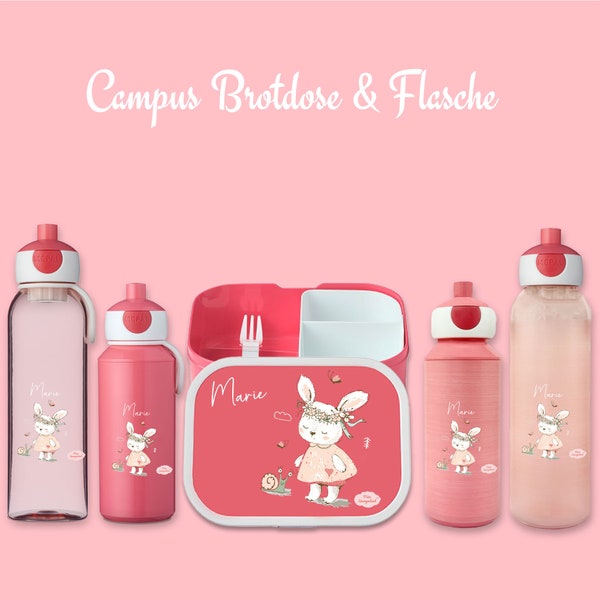 Brotdose Campus Bento Box und Trinkflasche in rose mit Name und Motiv Hase mit Schnecke