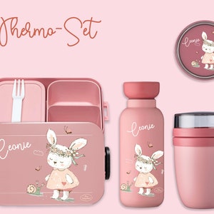 BENTO BOX Brotdose Take A Break Thermoflasche Ellipse Thermo-Lunchpot in Nordic Pink mit Name und Hase mit Schnecke Set Thermo "groß"