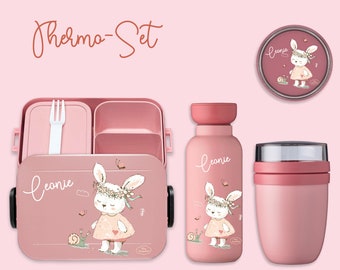 BENTO BOX Brotdose Take A Break + Thermoflasche Ellipse + Thermo-Lunchpot in Nordic Pink mit Name und Hase mit Schnecke