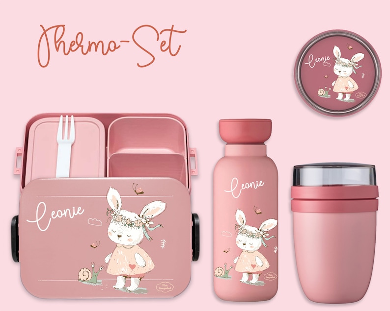 BENTO BOX Brotdose Take A Break Thermoflasche Ellipse Thermo-Lunchpot in Nordic Pink mit Name und Hase mit Schnecke Bild 1