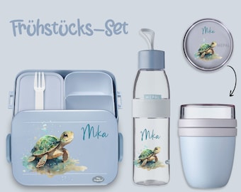 BENTO BOX Lunchbox Take A Break - Drinkfles Ellipse (voor koolzuurhoudende dranken) - Mueslibeker Nordic Blue Turtle Aquarel