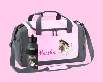 Sports bag 38 liters in pink with name and horse head motif with roses