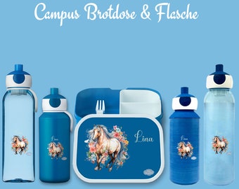 Brotdose Campus Bento Box und Trinkflasche in blau mit Name und Motiv Pferd Watercolor mit Blumen