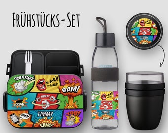 BENTO BOX Take A Break lunch box - Ellipse drinking bottle - cereal cup in Nordic black with name and comic motif