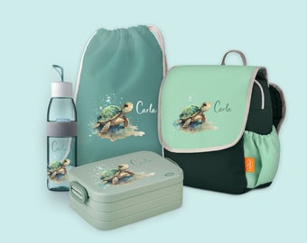 Set Rucksack Happy Knirps mit Bento Brotdose, Jutebeutel & Trinkflasche Ellipse in Sage Green mit Name und Motiv Schildkröte Watercolor